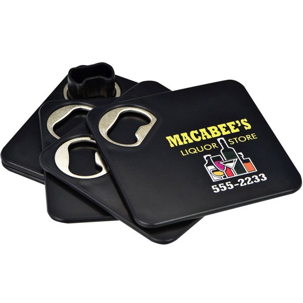 Promotional Bottle Opener Coaster Set Black Custom Promotional Products rushIMPRINT
