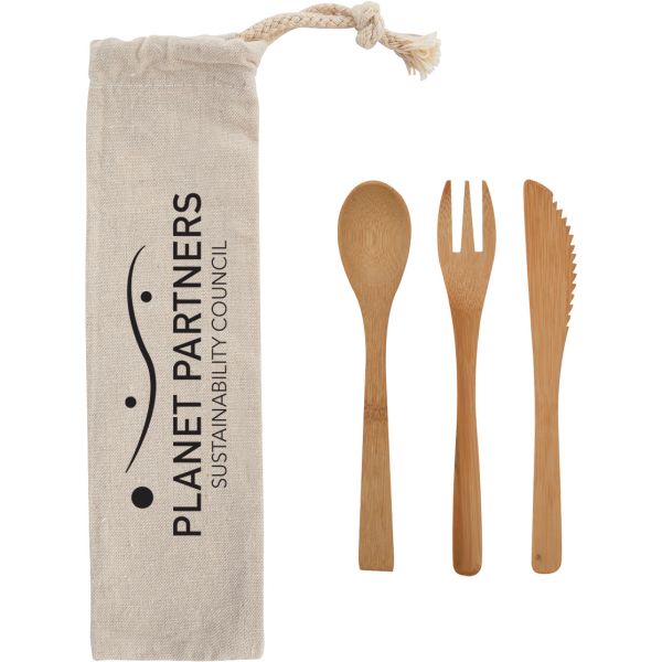 Three Piece Bamboo Utensil Sets in Travel Pouches