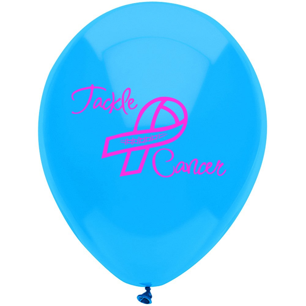 A blue branded corporate gift balloon with pink writing that says “tackle cancer”