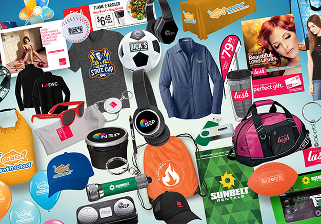 Set of items displaying branded merchandise opportunities for promotional products