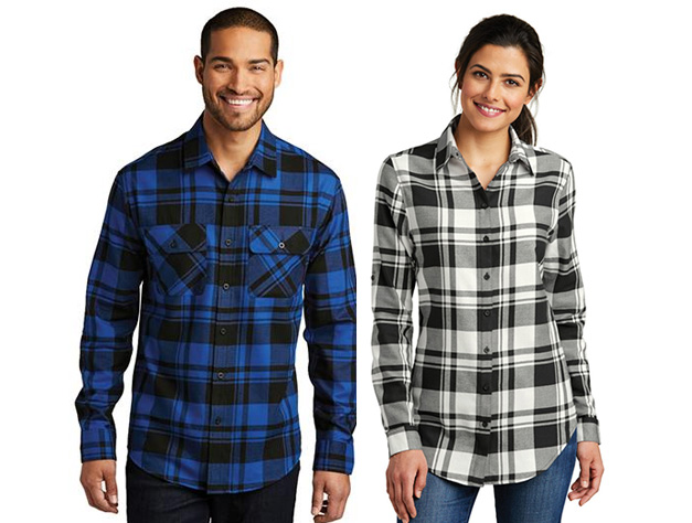 Man and woman with a personalized plaid flannel shirt