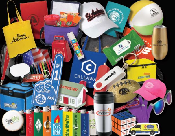 Example of diverse personalized gift and promotional products to giveaway on a tradeshow
